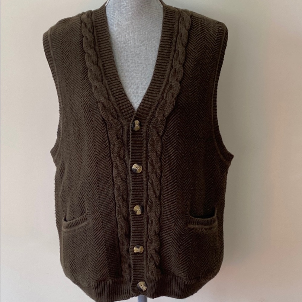 Grunge Grampa Olive Green Heavy Cable Knit Sweater Vest Size Medium